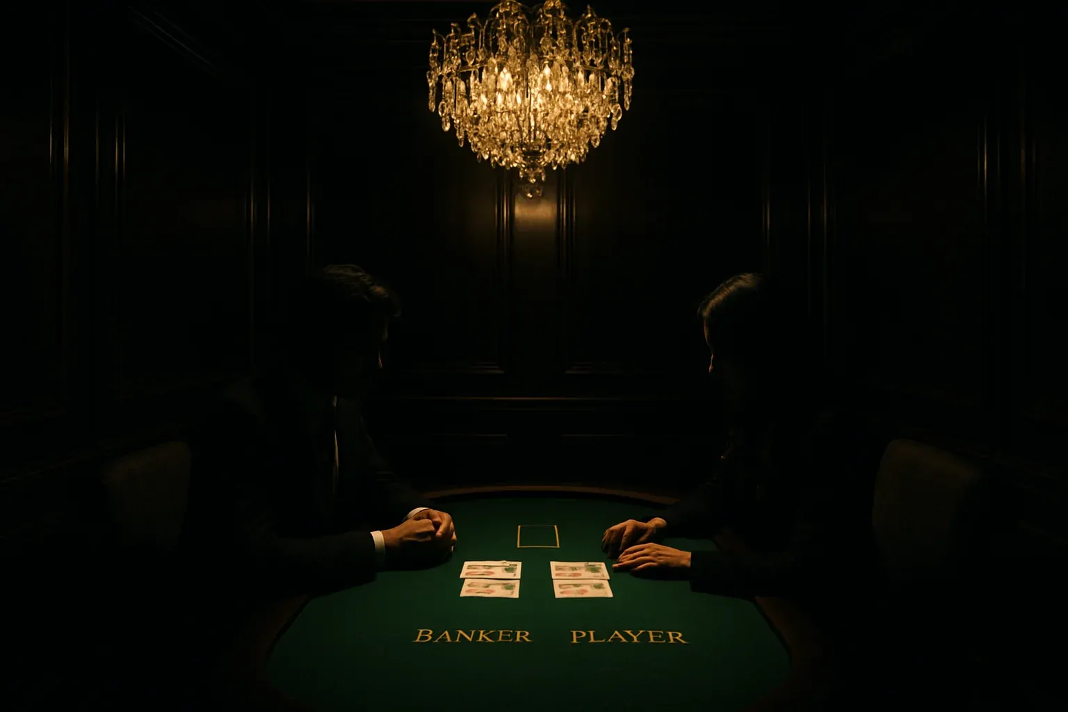 Private baccarat booth with green-felt table and crystal chandelier in Macau